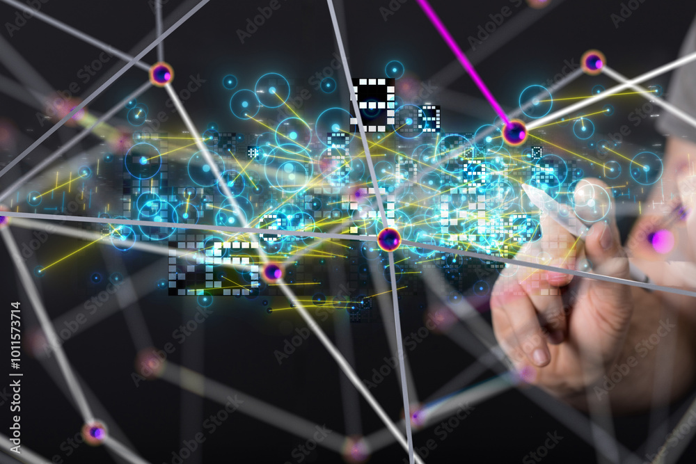 Sticker neural network 3d illustration. big data and cybersecurity - 3d