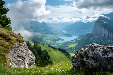 Breathtaking Aerial View of Swiss Mountain Landscape with Lush Greenery and Clear Lake