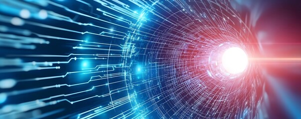 Obraz premium Futuristic Data Tunnel - Immersive Cybernetic Patterns and Luminous Waves Flowing Through a Digital Matrix Background