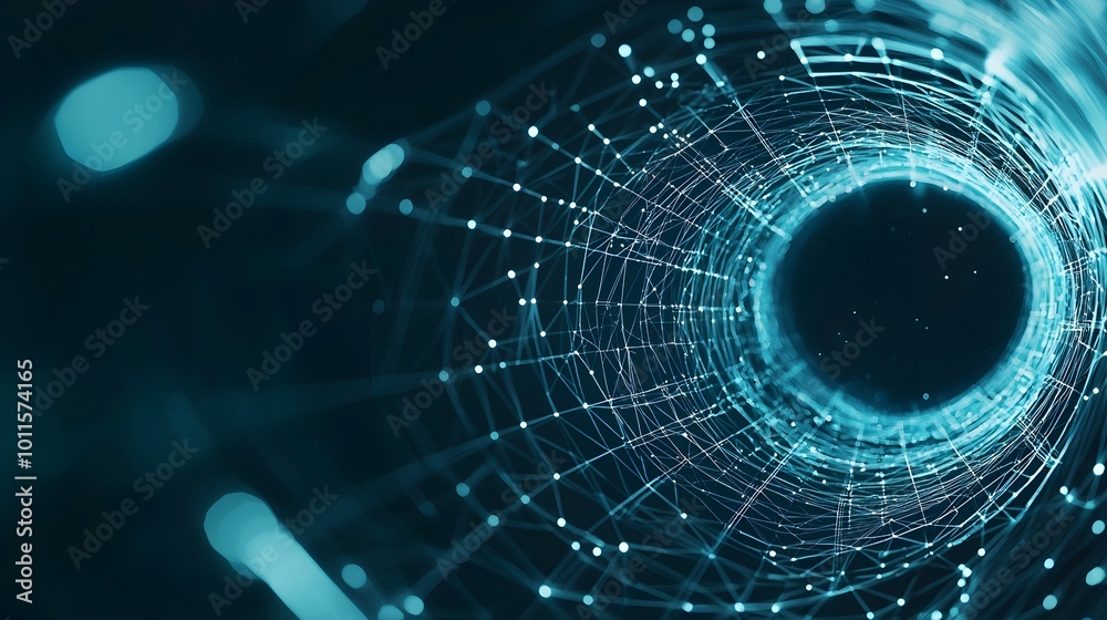 Poster futuristic digital tunnel of glowing algorithms - immersive cybernetic spirals in endless tech depth