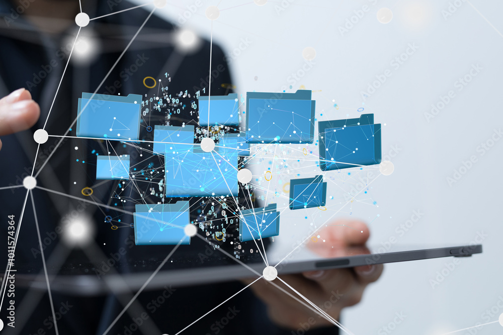 Poster Artificial Intelligence Cloud technology. Integrated digital web concept background