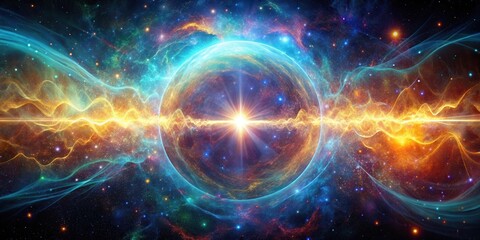Obraz premium A celestial sphere bathed in radiant light, surrounded by swirling cosmic dust and emanating powerful energy waves.