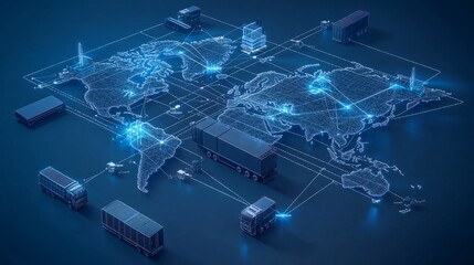 Global logistics AI hub with a highly detailed world map interface displaying automated shipping routes, smart warehousing, and advanced transportation systems