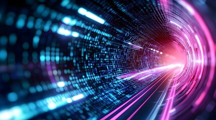 Fototapeta premium Futuristic Cybernetic Tunnel with Laser Beams - Abstract Digital Landscape of Neon Pathways and Flowing Data Streams for Innovative Backgrounds