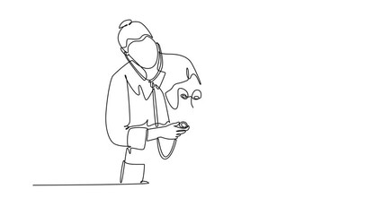 Animated self drawing of continuous line draw of helpful female veterinarian examining and take care sick dog because of virus. Pet medical health care service concept. Full length one line animation