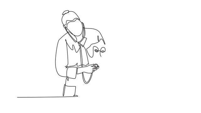 Animated self drawing of continuous line draw of helpful female veterinarian examining and take care sick dog because of virus. Pet medical health care service concept. Full length one line animation