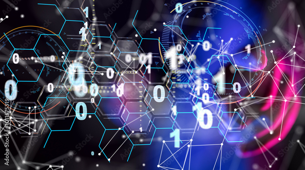 Poster Neural network 3D illustration. Big data and cybersecurity