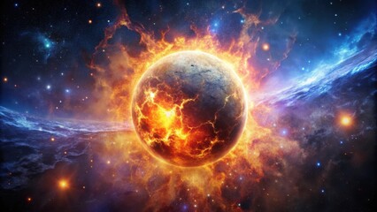 Obraz premium A fiery planetary explosion against a backdrop of cosmic dust and distant stars, showcasing the immense power of the universe.