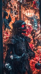 Spooky Halloween Window Display with Gothic Horror Elements, Creative Costumes, Eerie Lighting, and an Old Town Backdrop, Creating a Festive and Vibrant Atmosphere.