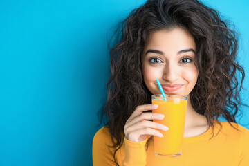 young indian woman drinking orange juice