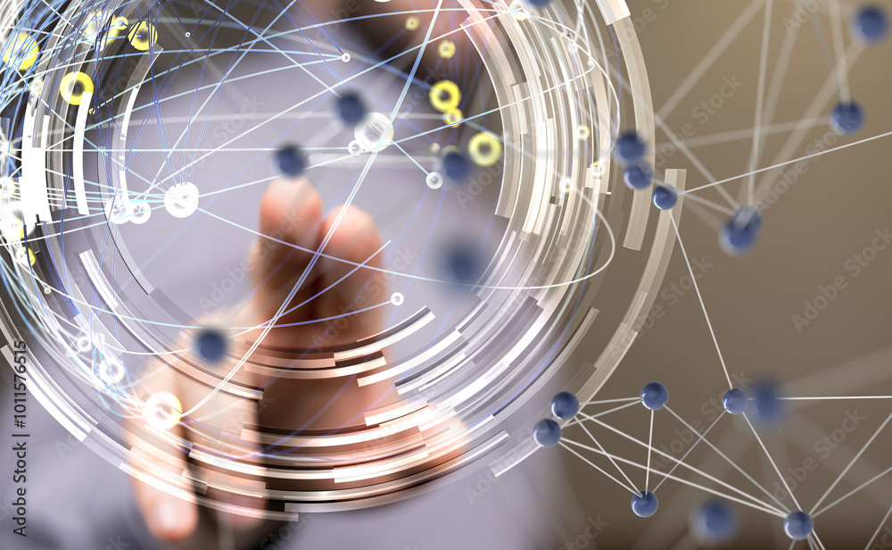 Poster Global network. Blockchain. 3D illustration. Neural networks and artificial intelligence. Abstract