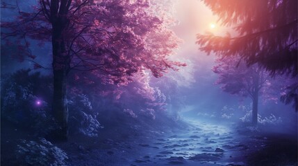 Obraz premium A mystical forest pathway drenched in twilight hues of purple and blue, illuminated by the soft, dreamy glow of a setting sun, invites exploration and tranquility.