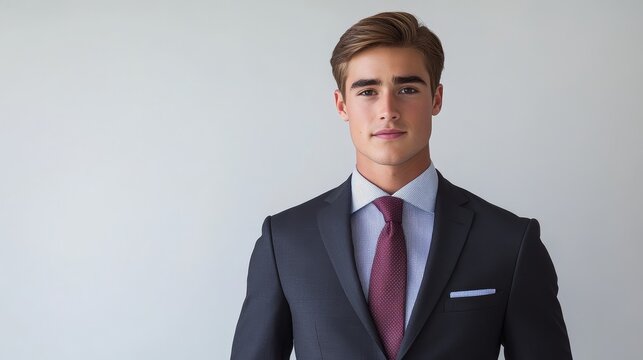 A young man in a formal suit poses confidently against a neutral background, showcasing professionalism and style.
