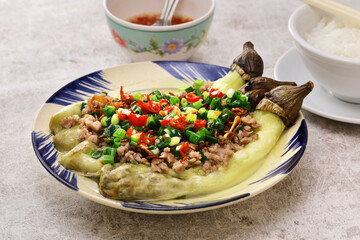 Ca Tim Nuong Thit Bam (grilled eggplant with minced meat and green onion oil),  Vietnamese home cooking