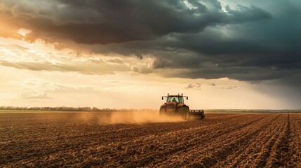 A tractor plowing a field under a cloudy sky, dust rising from the soil