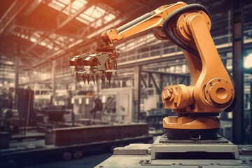 Yellow robotic arm working on a factory floor