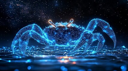 This glowing crab, seemingly crafted from starlit digital threads, traverses a cosmic ocean, conjuring a world where technology meets natural marine life.