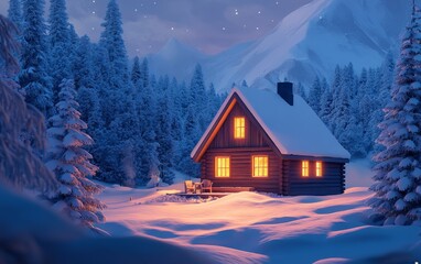 Fototapeta premium A cozy cabin nestled in a snowy landscape, illuminated by warm lights under a starry sky.