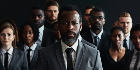 Fototapeta premium Black leadership concept depicted by a strong, charismatic leader guiding a diverse group of professionals