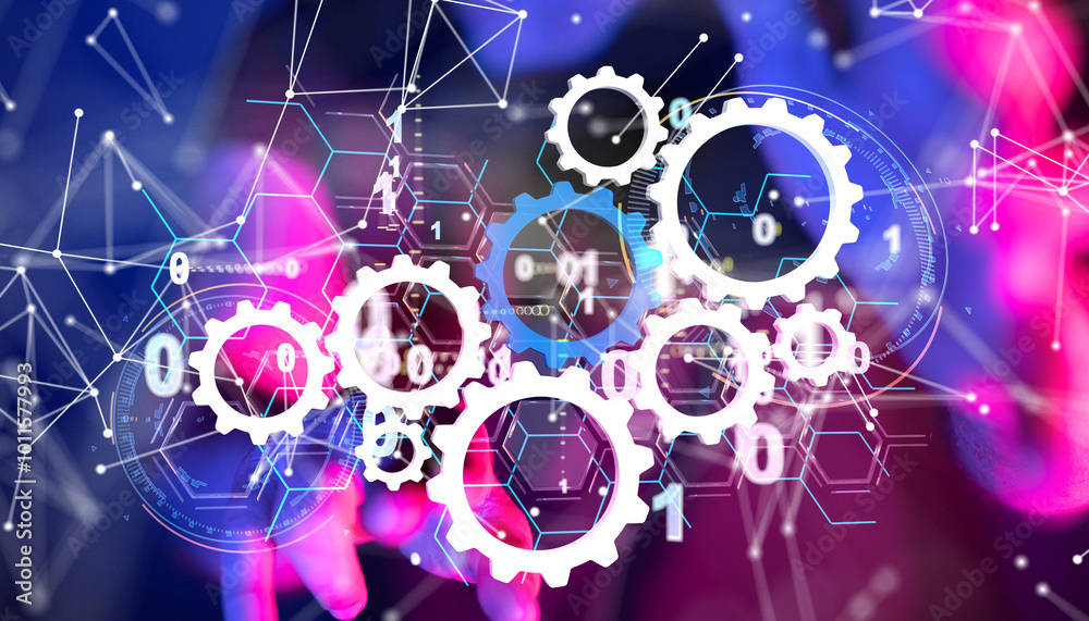Poster Neural network 3D illustration. Big data and cybersecurity