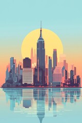 Vibrant Sunset Over Manhattan Skyline Reflecting on Calm Waters