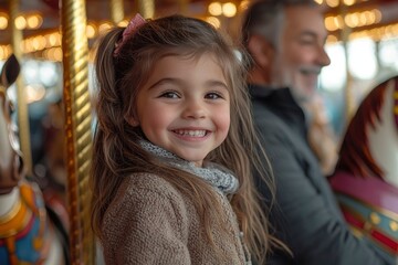 Obraz premium A Young Girl Smiles Brightly on a Carousel Ride
