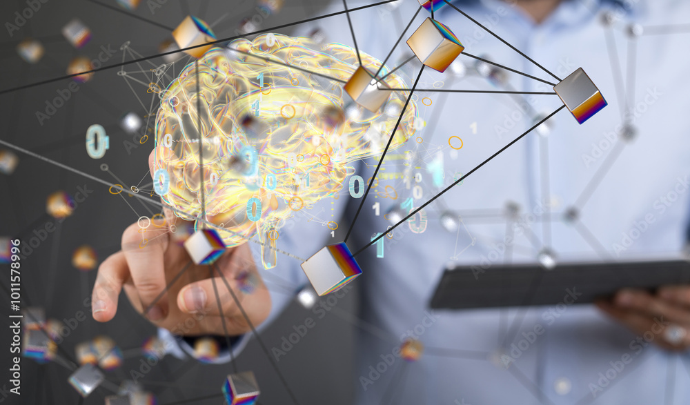 Poster 3d render of a holographic digital style human brain conveying the idea