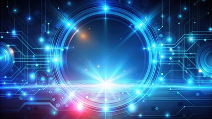 Obraz premium Abstract digital technology background with glowing blue lines, circuit board patterns, and a bright light shining through a circular portal