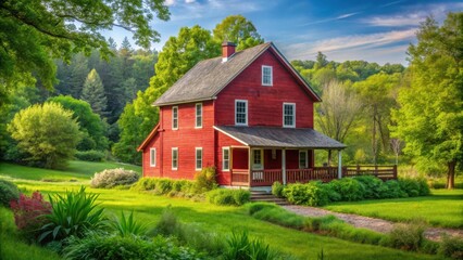Obraz premium A vibrant red farmhouse stands proudly amidst lush greenery, bathed in the warm glow of a sun-drenched summer day.