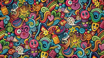 A vibrant and cheerful hand drawn doodle pattern featuring a colorful and whimsical design with numerous abstract shapes and symbols.