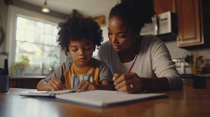 African Parent Helping Child with Homework in Cozy Kitchen