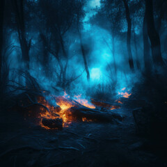 Mystical Blue Fire in Dark Forest Setting