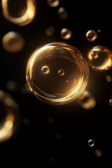 Golden Bubbles Floating Gracefully in a Dark Environment, Creating a Mesmerizing Visual Effect