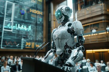 Naklejka premium Futuristic robot lecturer engages diverse audience on technology s future in modern conference hall