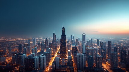 Fototapeta premium City skyline at dusk with illuminated skyscrapers and a colorful sky.