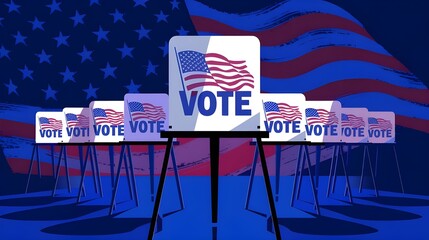 US election row of voting booths at polling stations during the American election. USA election 2024, presidential elections 2024 US