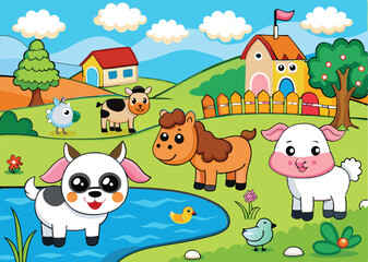 Farm animals are enjoying nature by the river vector illustration.