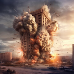 Dramatic explosion destroying a building in a city
