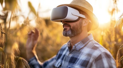 Farmer Using Virtual Reality Headset for Simulation