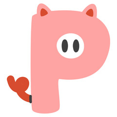 Capital letter P of childish English alphabet with pig. Bright kids font for preschool and school education of children.