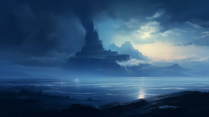 Mysterious Castle in Foggy Landscape at Dusk