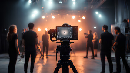 A professional camera captures a group of models and crew members preparing for a photoshoot in a well-lit studio space
