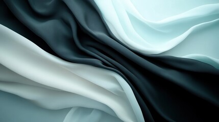 Fototapeta premium Elegant fabric drapery in flowing shades of black, white, and soft teal.
