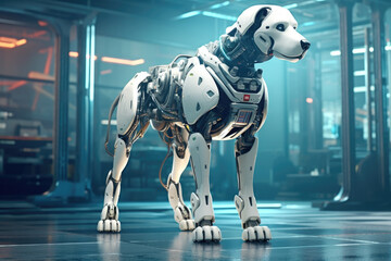 Futuristic robotic dog standing in a futuristic environment