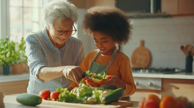 A grandmother teaching her grandchild to cook in a bright kitchen. They joyfully prepare fresh vegetables