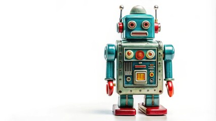 A vintage robot toy with a blue metal body, red accents, and a curious expression stands against a white backdrop, embodying the retro charm of a bygone era of imagination and play.