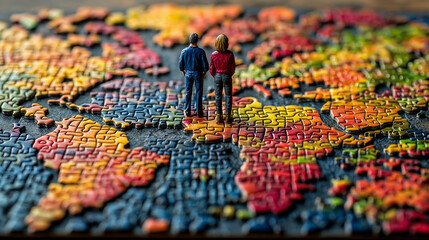 Teamwork and collaboration concept. Wooden big jigsaw puzzles surrounding with business 
people, conceptual 3d illustration, Ai