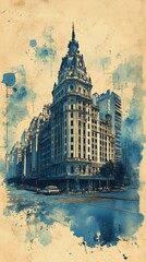 Fototapeta premium Historic Building in a City Center Depicted in Artistic Blue Watercolor Style