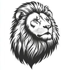 Detailed Illustration of a Majestic Lion's Head With a Flowing Mane in Black and White Style