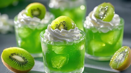 Kiwi jelly desserts topped with whipped cream and kiwi slices